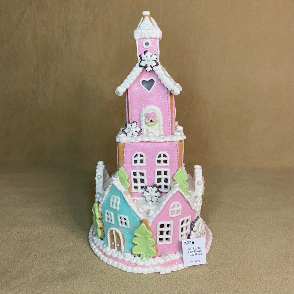 Lighted Clay Dough Gingerbread House‎ Pink Christmas Village Decor Candyland NWT